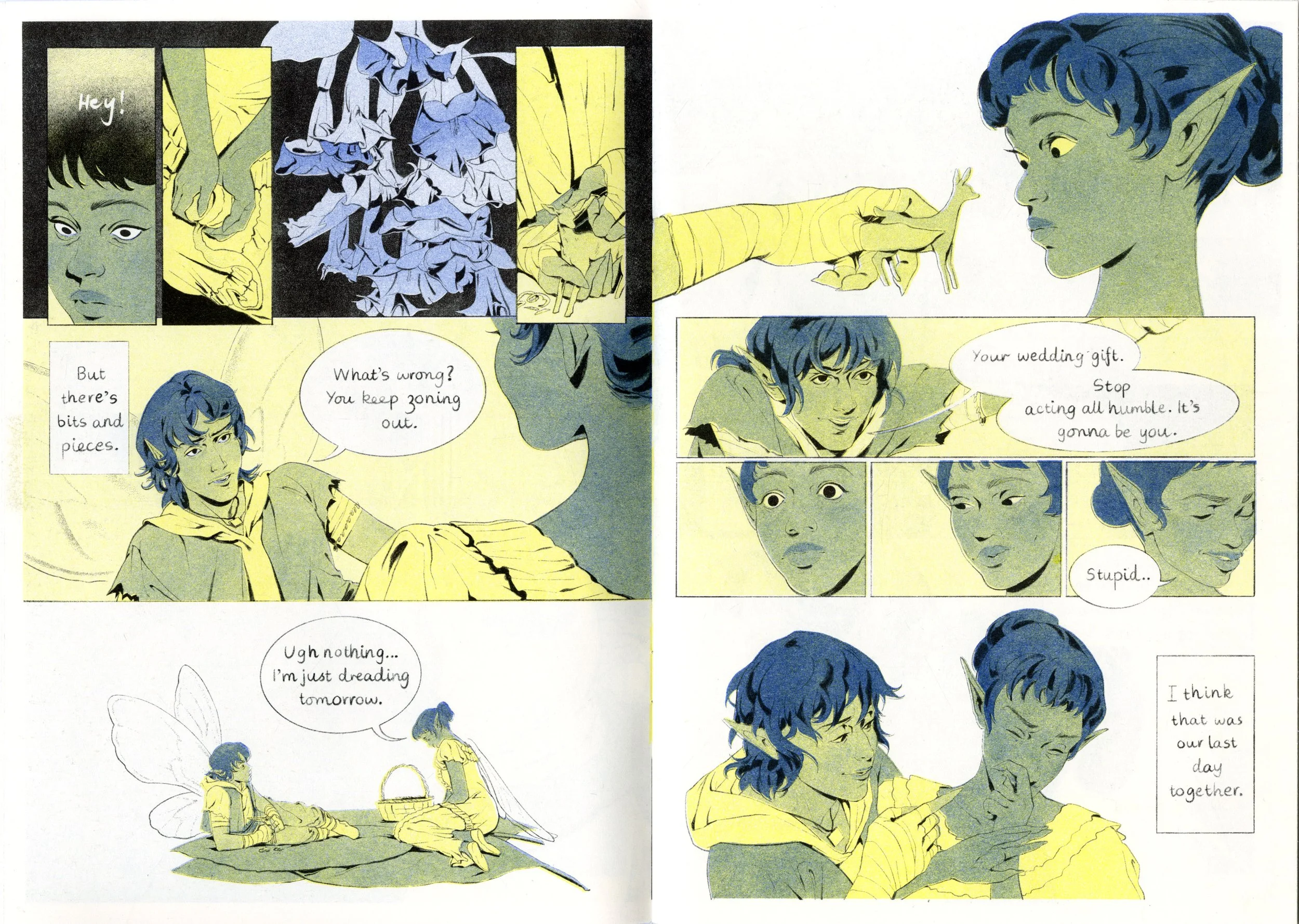 (Preview) Phantasm is a 22-page romantasy about diving into someone's dreams when it's the only way left to reach them.

Riso Printed using Black, Yellow and Medium Blue. (2025)