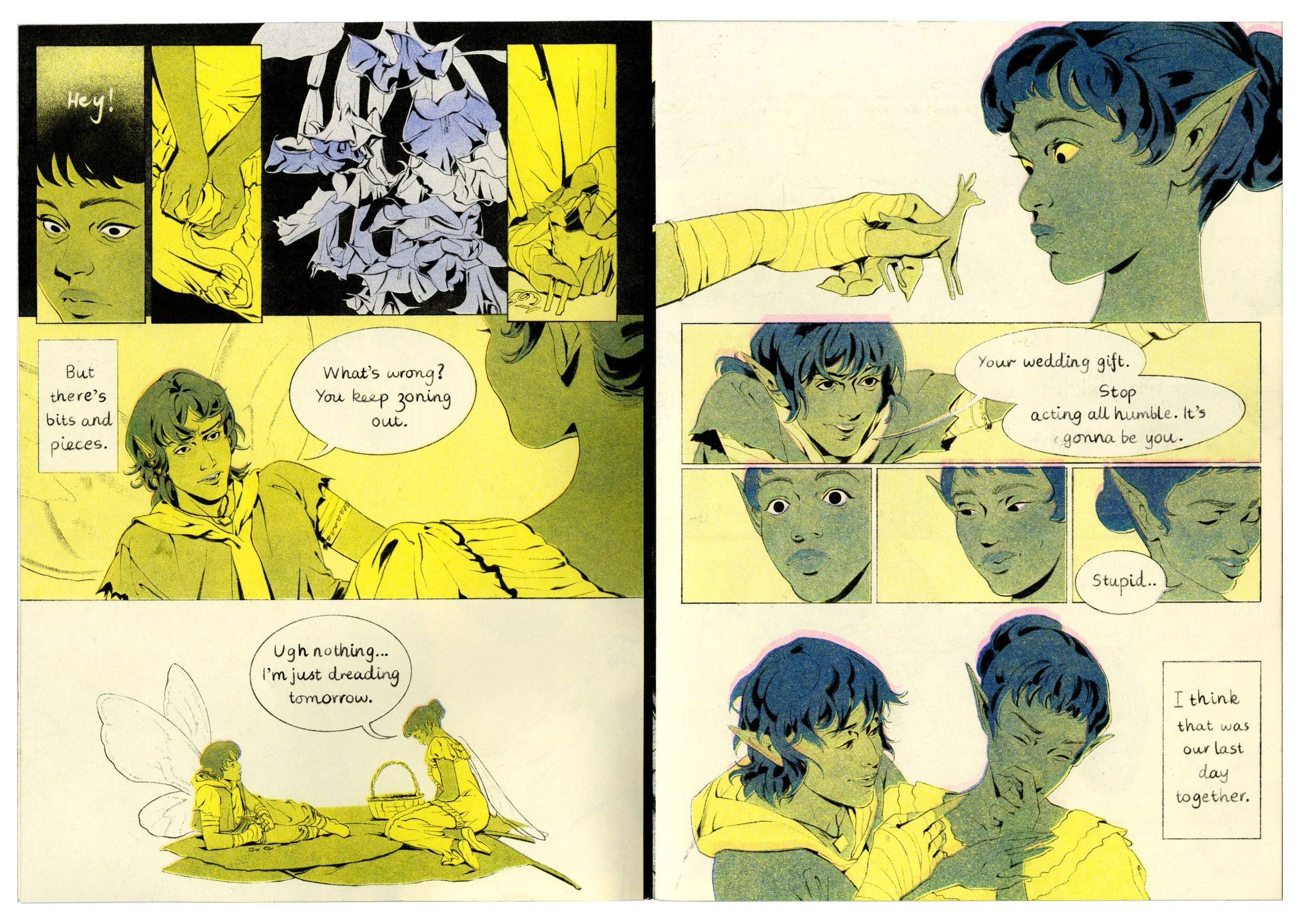(Preview) Phantasm is a 22-page romantasy about diving into someone's dreams when it's the only way left to reach them.

Riso Printed using 4 colors.