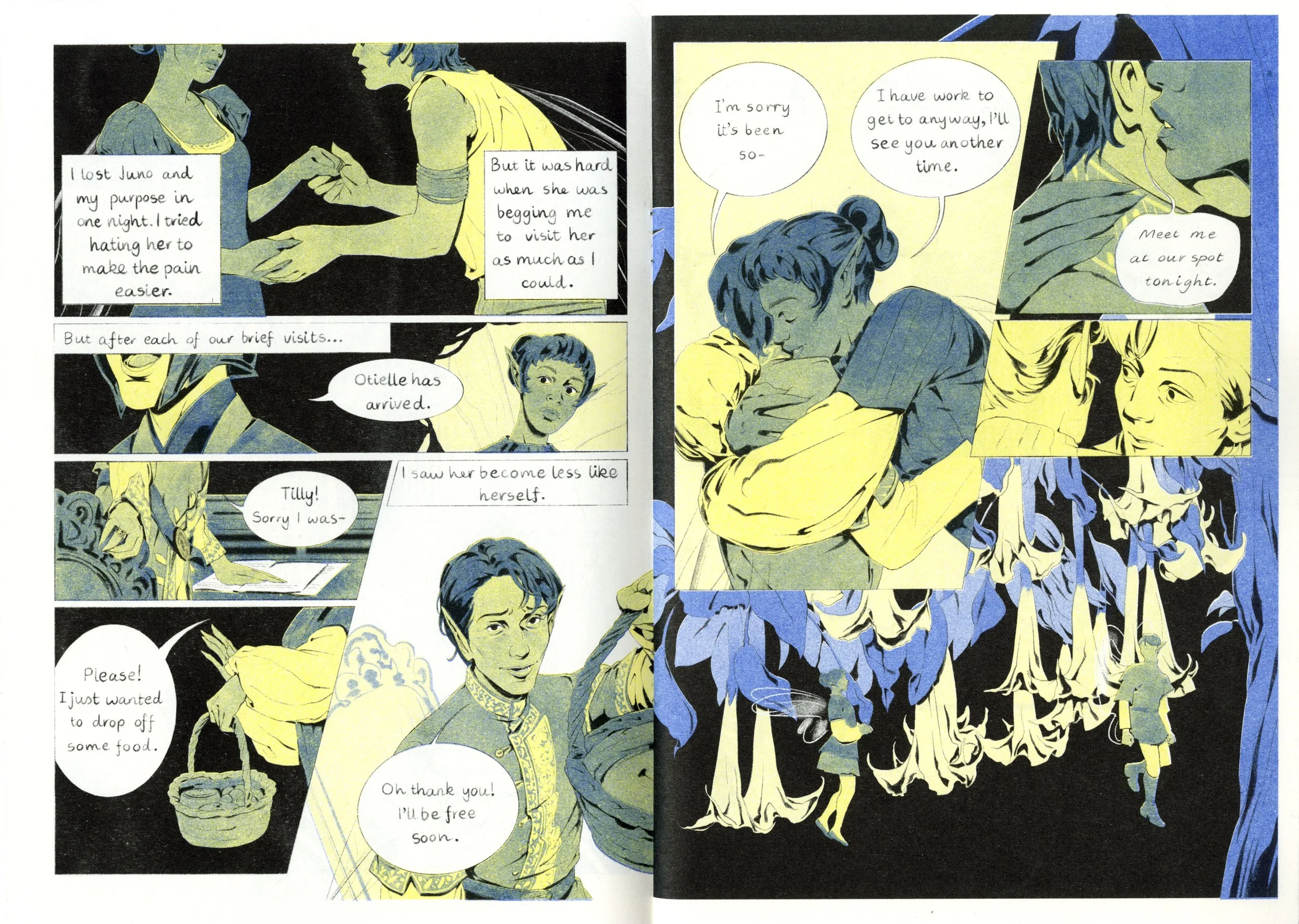 (Preview) Phantasm is a 22-page romantasy about diving into someone's dreams when it's the only way left to reach them.

Riso Printed using Black, Yellow and Medium Blue. (2025)