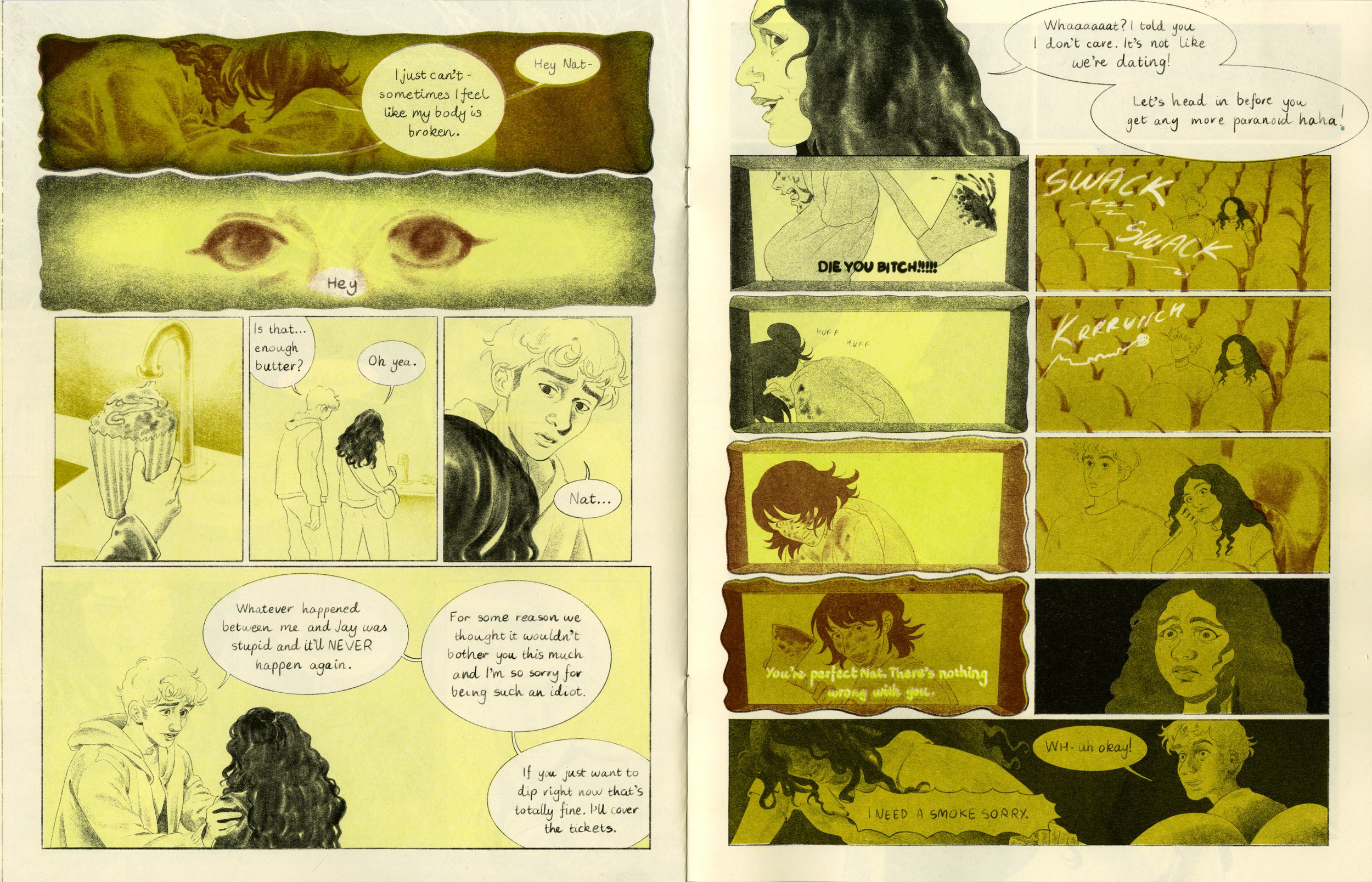 Three friends are confronted with a messy shift in dynamics when boundaries between friendship and intimacy are blurred. Riso printed using Black, Light Lime, Bright Olive Green and Brown.
(2025)