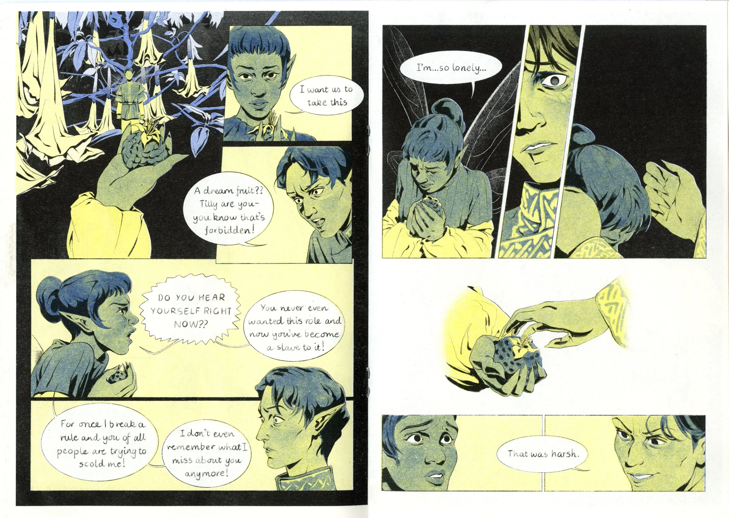(Preview) Phantasm is a 22-page romantasy about diving into someone's dreams when it's the only way left to reach them.

Riso Printed using Black, Yellow and Medium Blue. (2025)