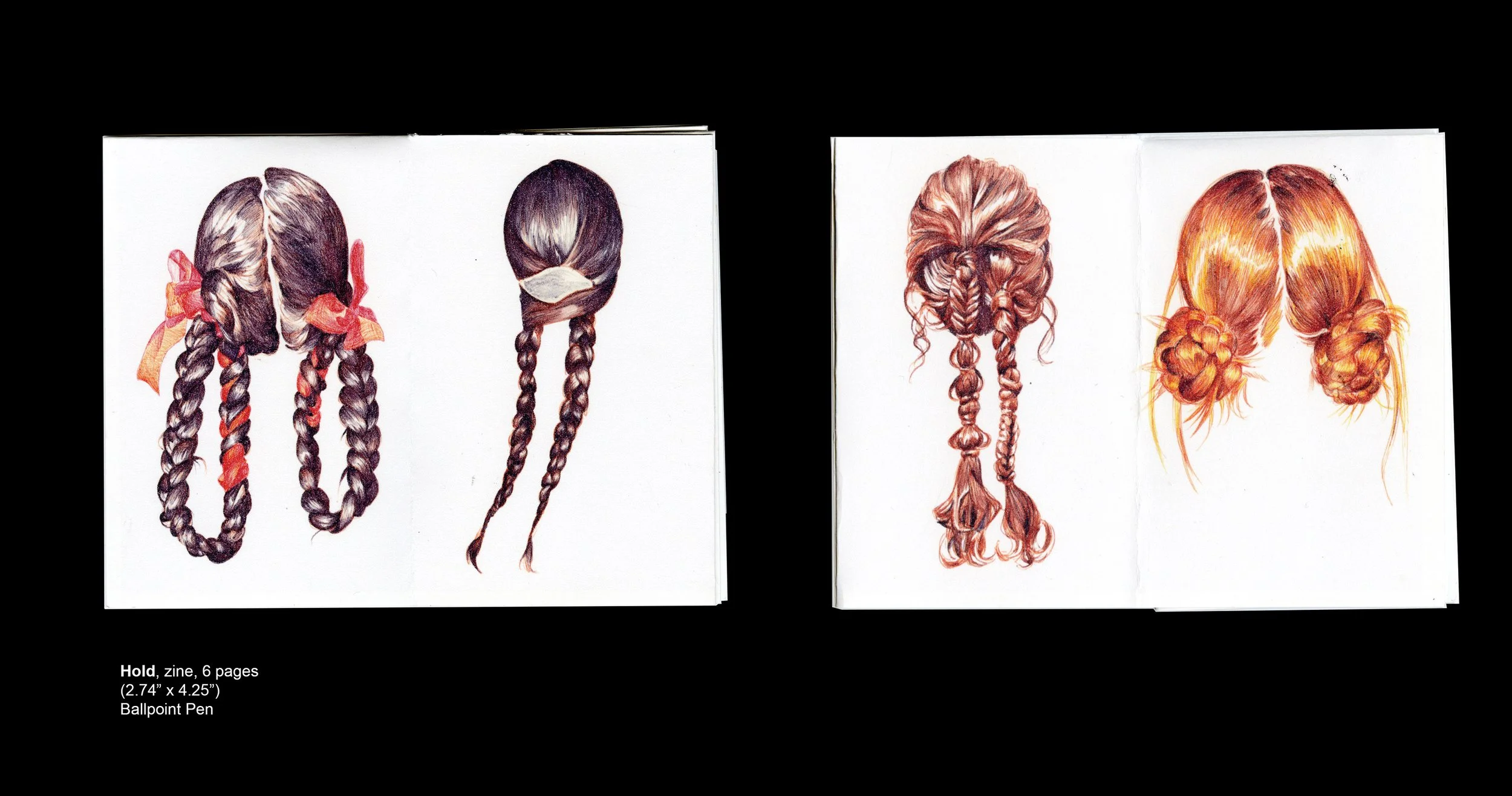 A one-page zine of intricate ballpoint pen braids. A meditation on the long plaits that bound me and other Indian girls together in our school uniforms.