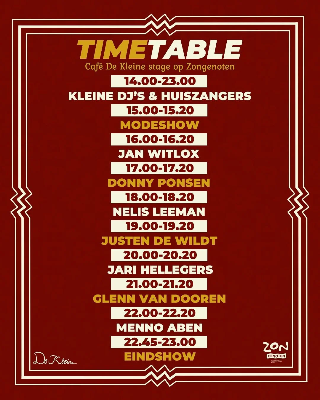 De klok tikt richting 14 september… en dit is ‘m dan: de officiële timetable van de 𝐃𝐞 𝐙𝐨𝐧𝐠𝐞𝐧𝐨𝐭𝐞𝐧 𝐱 𝐃𝐞 𝐊𝐥𝐞𝐢𝐧𝐞 𝐬𝐭𝐚𝐠𝐞!🍺
Van begin tot eind een bak aan gezelligheid, meezingers & artiesten van formaat.