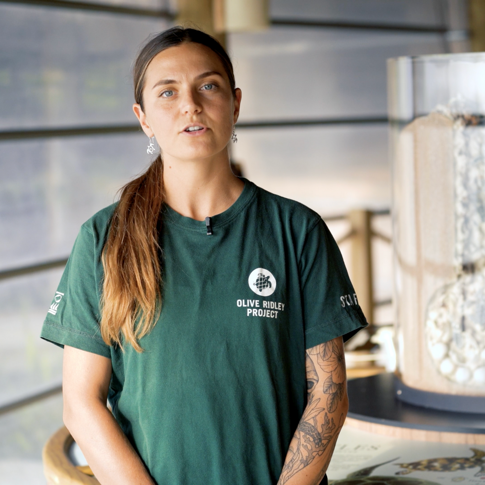 A woman with long brown hair and tattoos on her right arm, wearing a dark green Olive Ridley Project t-shirt, standing indoors near a jar of shells or stones.