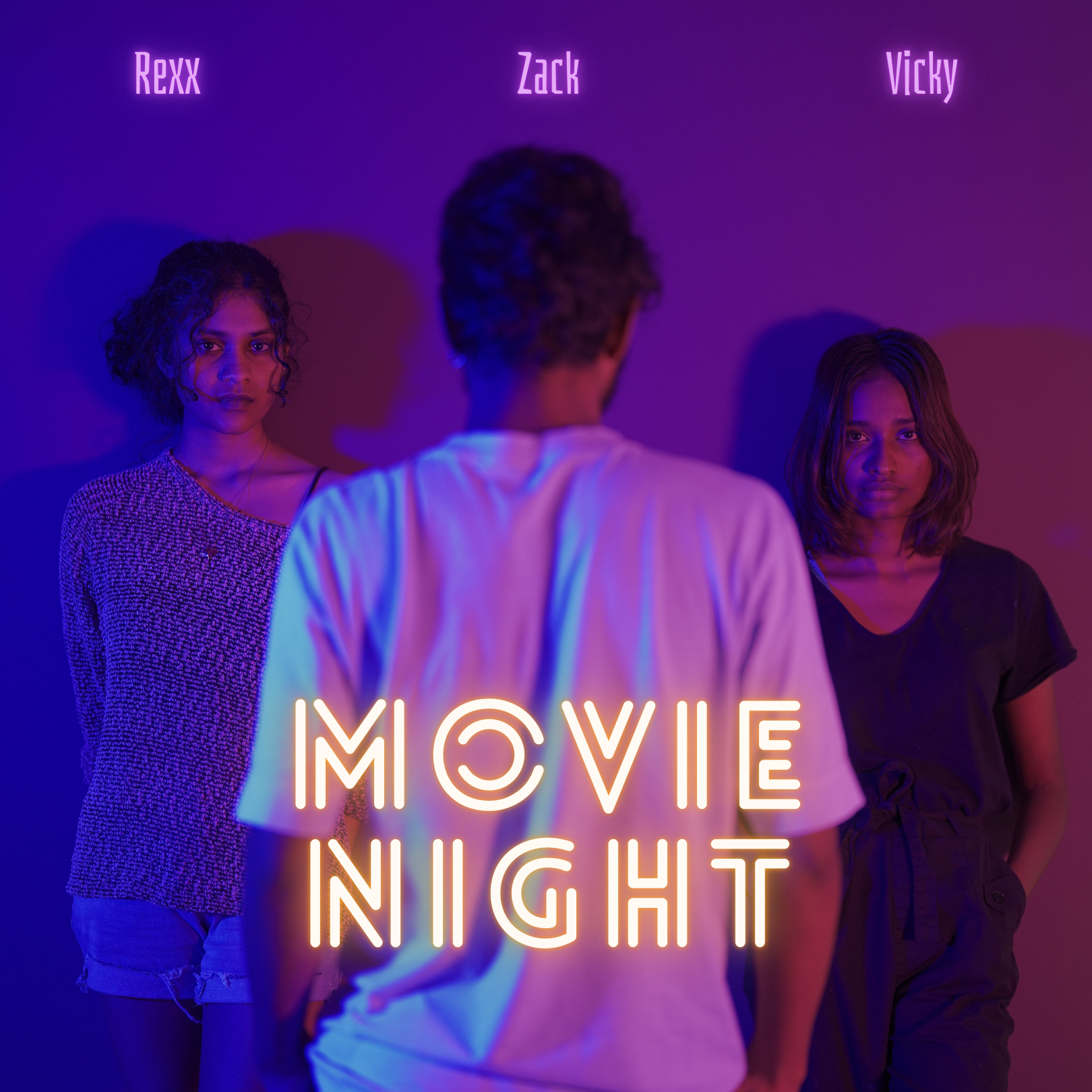 Three young people with neon lighting, two women and one man, with their names Rexx, Zack, and Vicky displayed above their heads, and the neon sign in front reads 'Movie Night'.