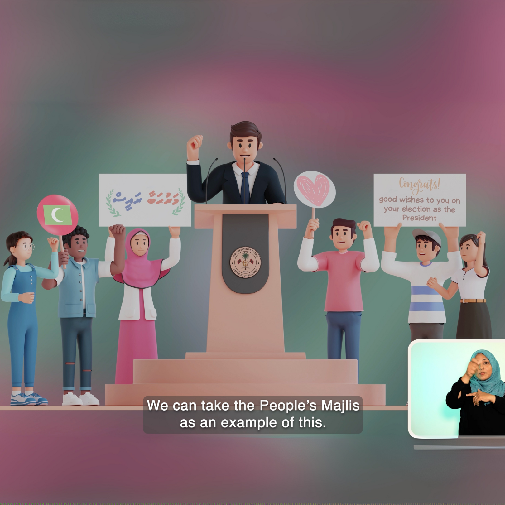 Animated illustration of a politician speaking at a podium with a presidential seal, surrounded by diverse supporters holding signs, including a peace sign, a heart, and a congratulatory message, against a colorful abstract background.