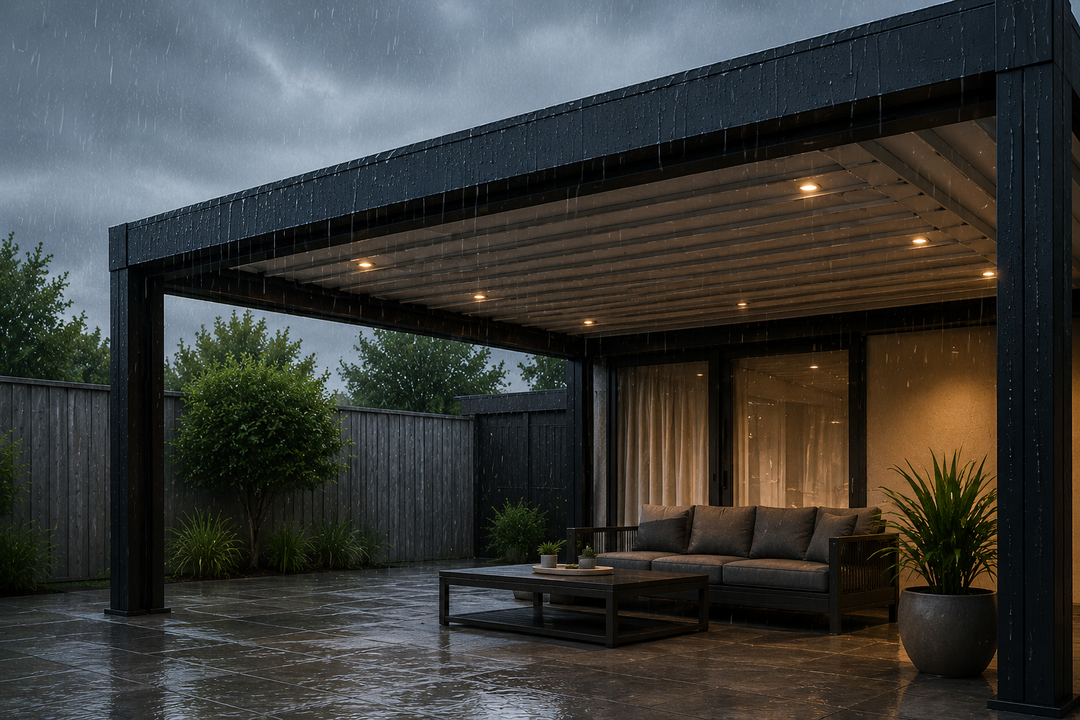 Outdoor patio covered by a modern black pergola during rain, with a cozy grey sofa, potted plants, and a coffee table, illuminated by warm indoor lighting.