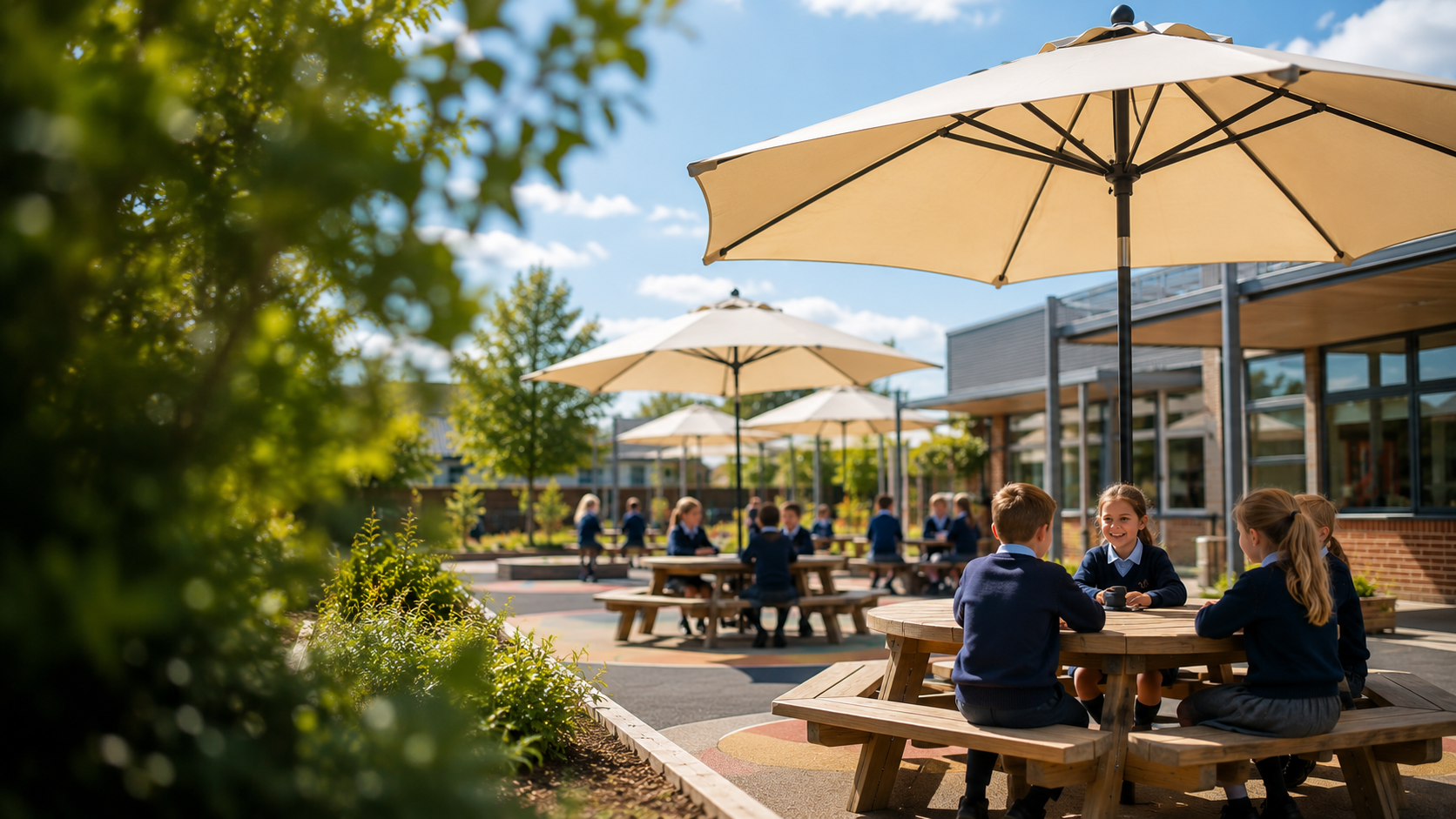 School children in uniforms sitting and talking at picnic tables outside on a sunny day under large umbrellas.