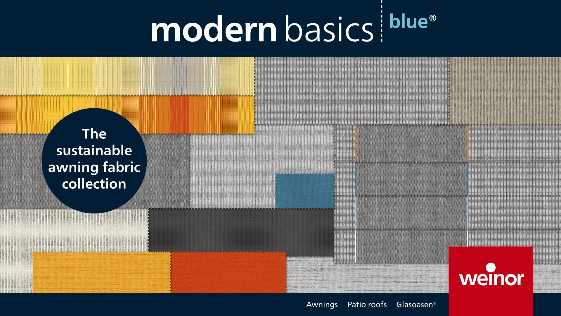 Fabric samples in various colors and textures, labeled as part of the modern basics blue collection, featuring materials suitable for awnings, patio roofs, and Glasosten, with a prominent blue fabric sample and a black circular label that reads 'The 