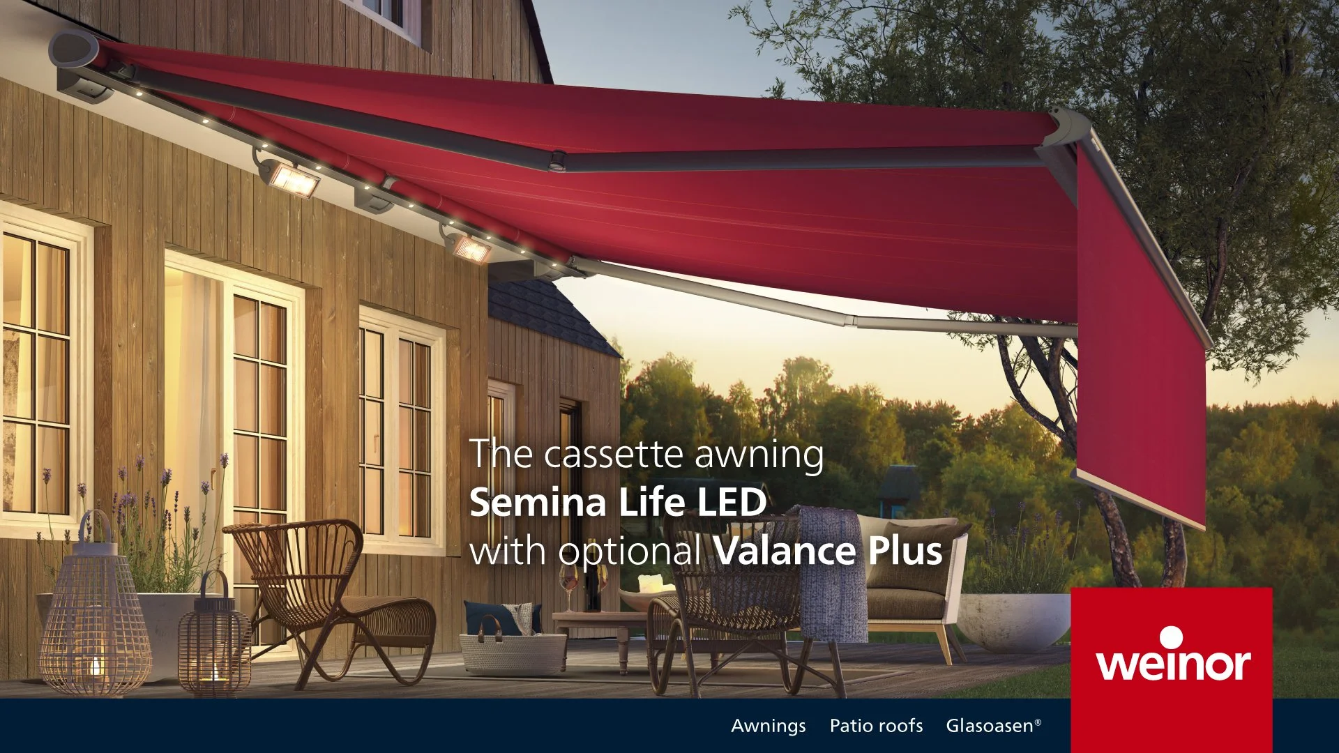 A wooden house exterior with a red cassette awning and outdoor furniture, set during sunset. Text overlays read: "The cassette awning Semina Life LED with optional Valance Plus. Weinar. Awnings, Patio roofs, Glasoasen."