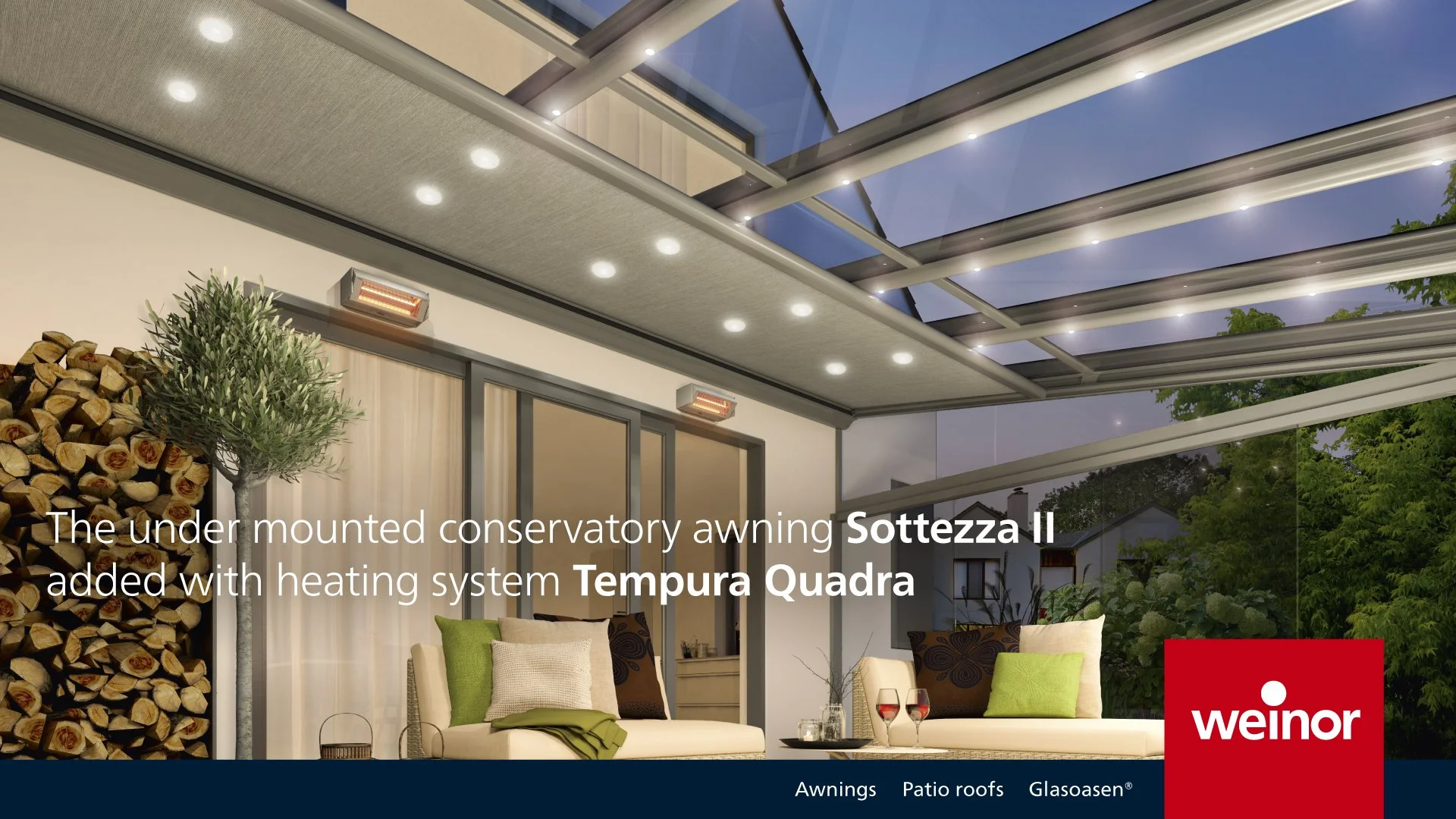 An outdoor patio with a glass conservatory roof, seating area with pillows, a stack of firewood, a small tree, and trees outside. Text overlay mentions conservatory awning Sottezza II with heating system Tempura Quadra.