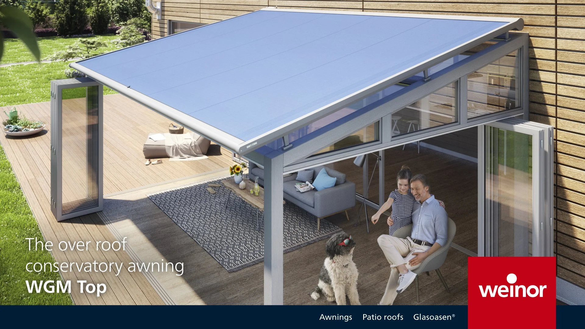 Family enjoying outdoor seating under a blue conservatory awning on a patio with a dog nearby, adjacent to a house with wooden siding.
