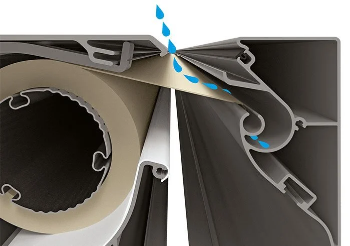 Cross-section of a window or door frame showing a rain screen system with water drainage paths.