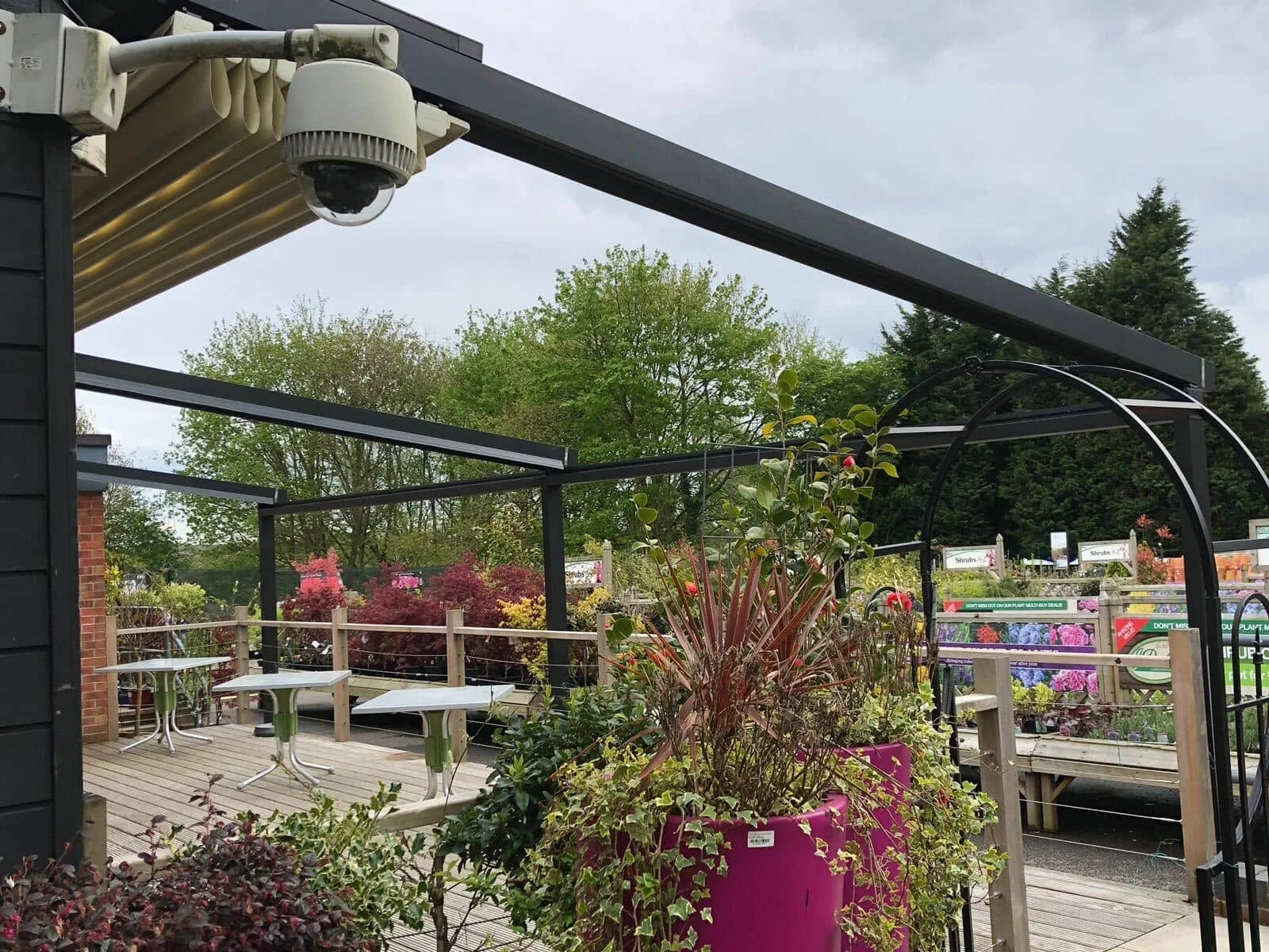 Outdoor garden center with potted plants, trees, and flowers on a wooden deck with black metal framework and a security camera.