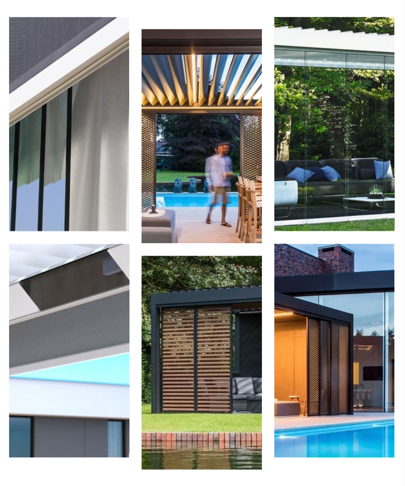 Collage of modern architectural home exteriors featuring large windows, outdoor seating, green landscaping, and swimming pools.