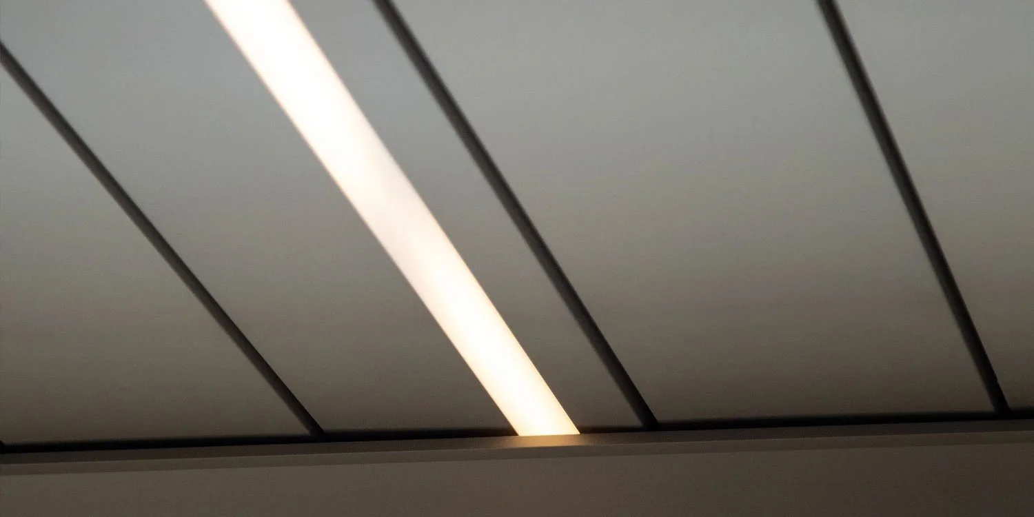 Close-up of a ceiling with a fluorescent light fixture.