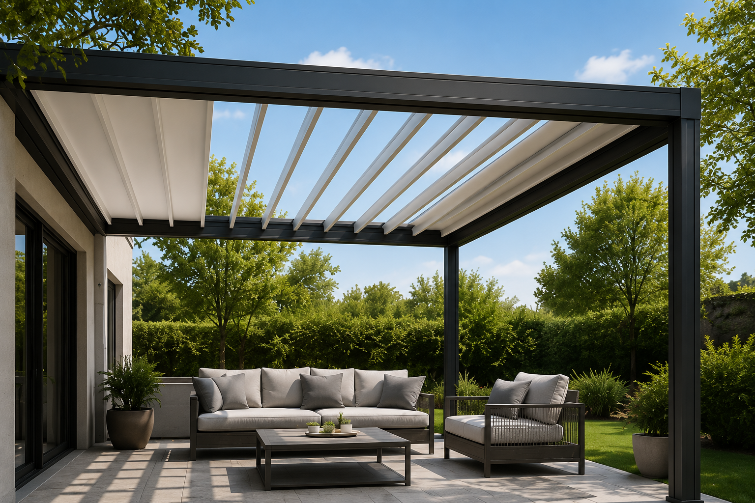 Outdoor patio with gray cushioned sofa and armchairs under a black pergola with white slats, surrounded by green trees and potted plants.