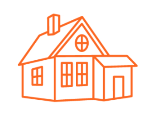A simple line drawing of a house in orange with a chimney, windows, and a front door.
