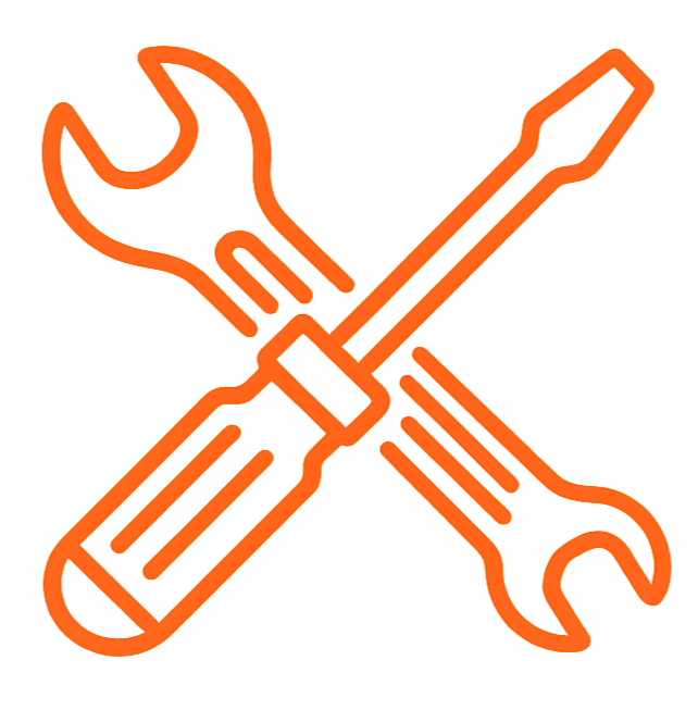 Neon sign of two crossed screwdrivers and a wrench.