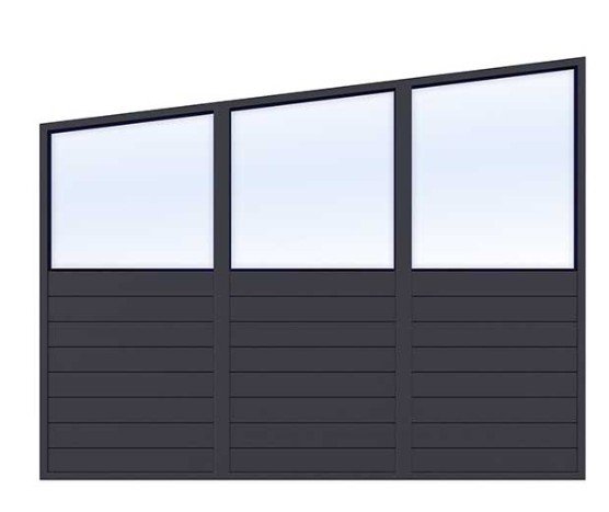 A garage door with three large windows at the top section and horizontal panels below, in black or dark gray.
