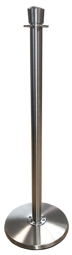 Stainless steel retractable belt stanchion with a round base and a vertical pole.