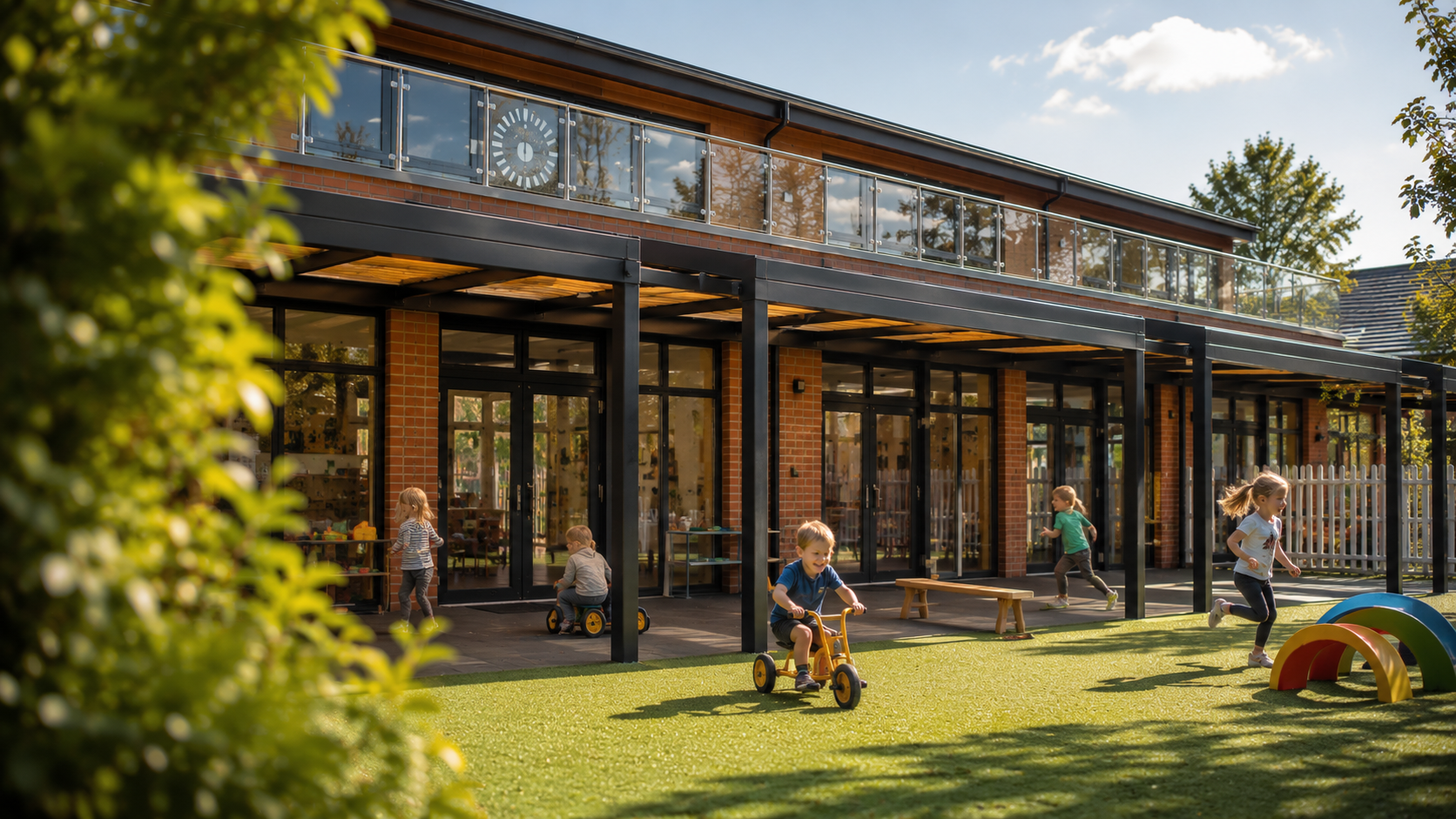 Children playing outside a modern brick building, possibly a school or daycare, on a sunny day with green trees and a grass yard.