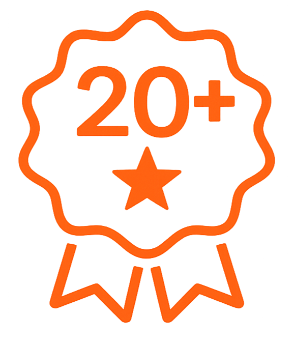 Orange badge with '20+' and a star, with two ribbon-like extensions at the bottom.