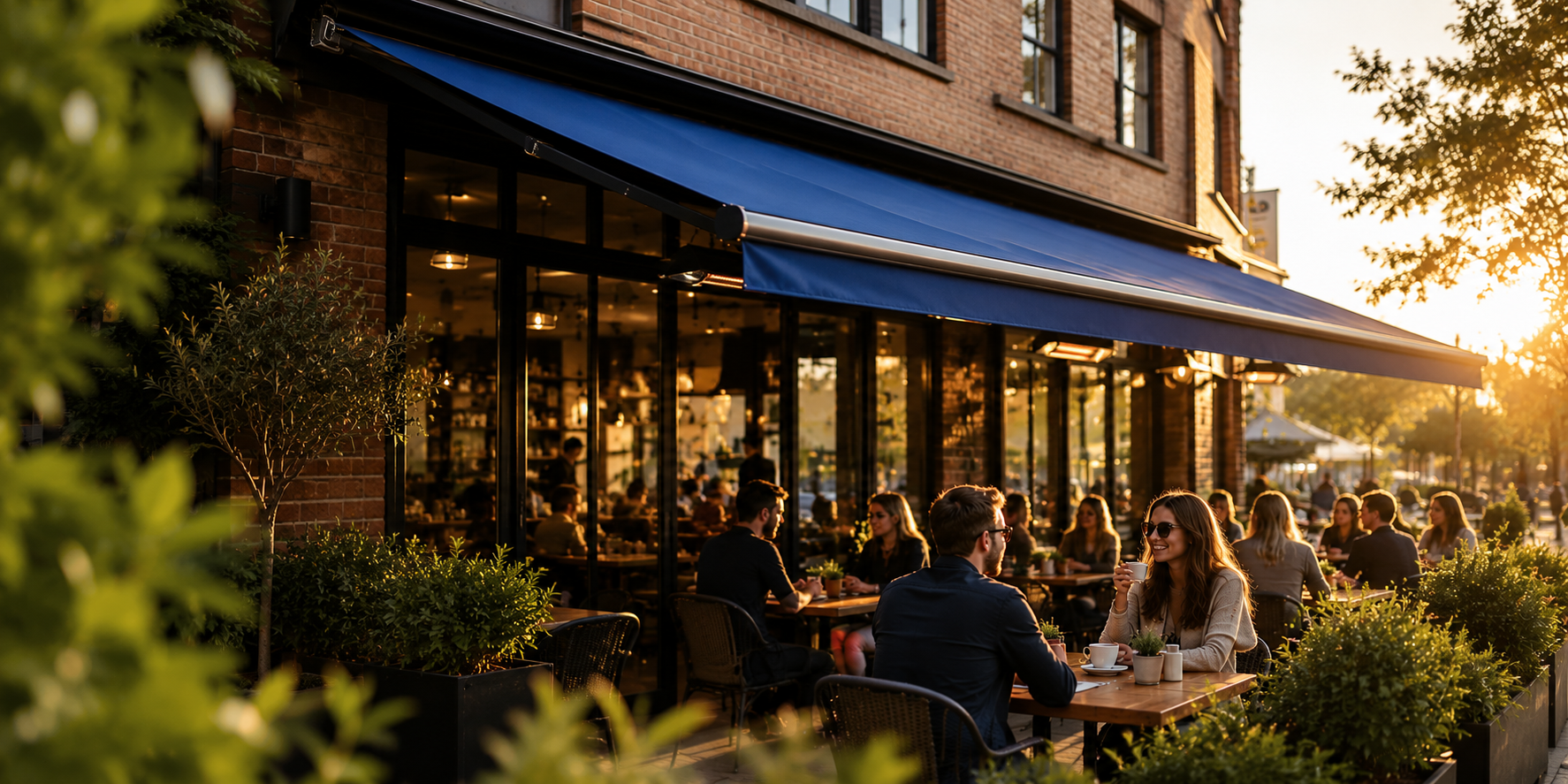 People sitting and enjoying coffee at an outdoor cafe during sunset, with a brick building and blue awning in the background.
