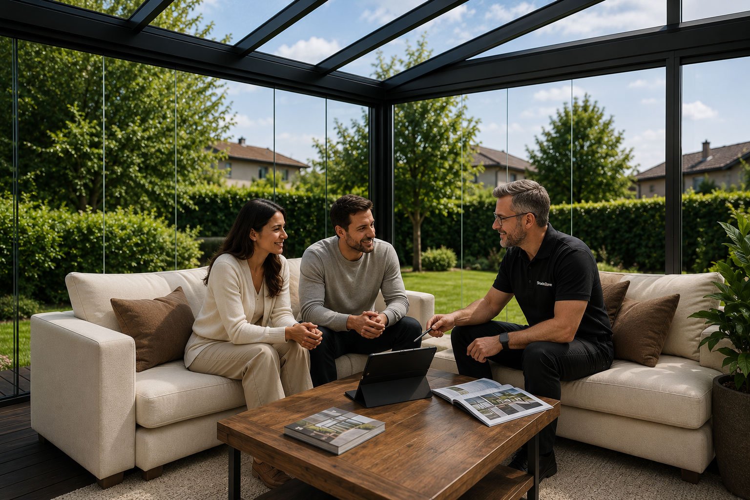 Three people sitting on a couch inside a sunroom, talking and smiling, with a garden view in the background.
