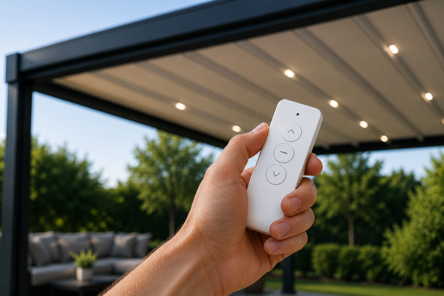 Person holding a remote control pointing at a modern outdoor gazebo with LED lighting, surrounded by greenery and outdoor seating.