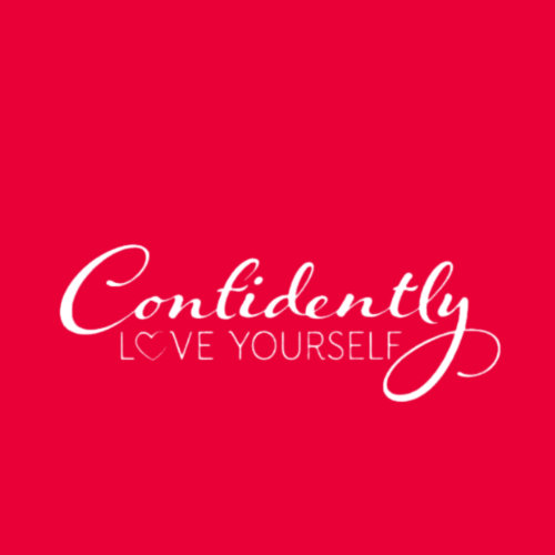 Confidently Love Yourself logo on a red background. 