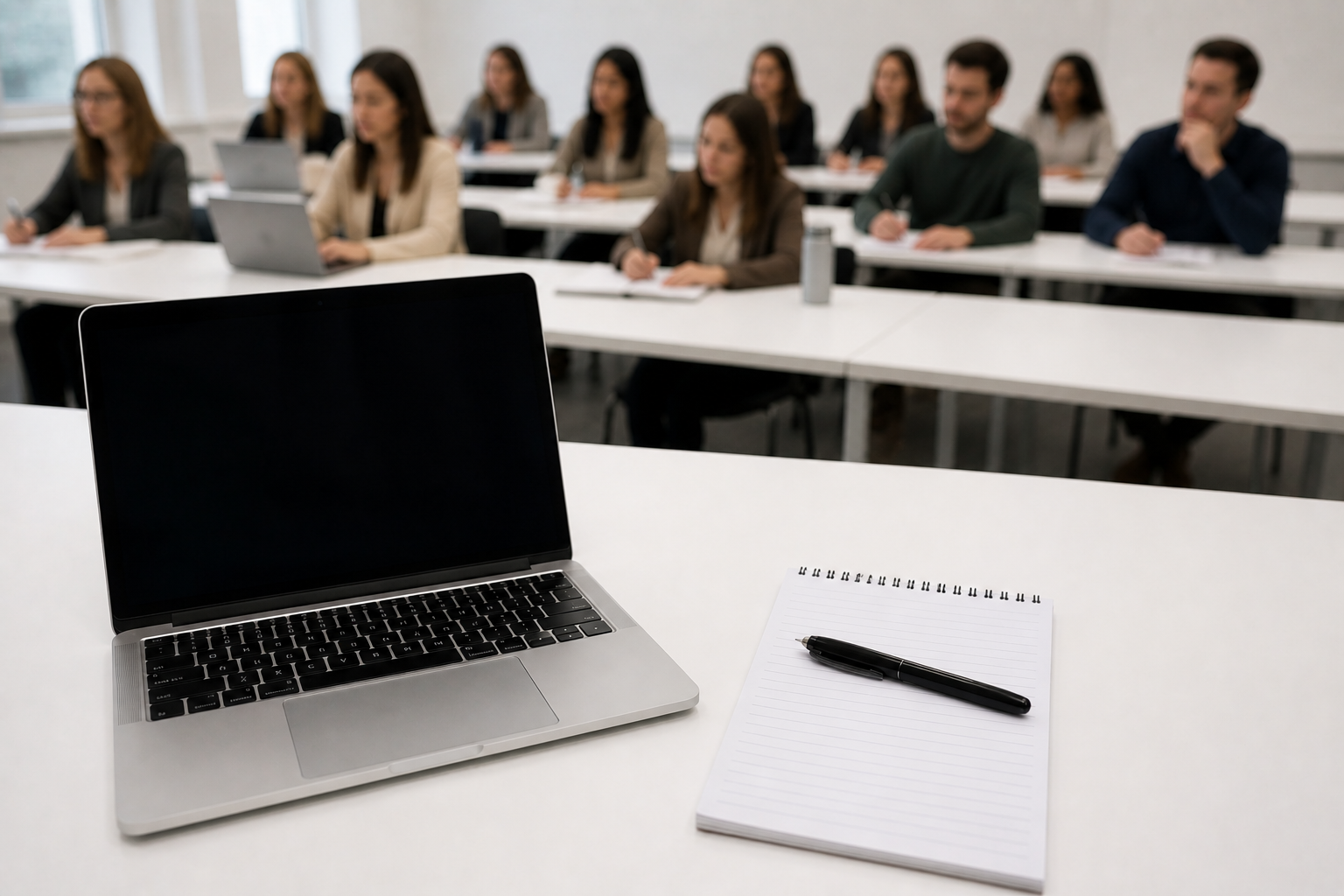 A classroom with students taking notes, a laptop, notepad, and pen on a desk in the foreground.