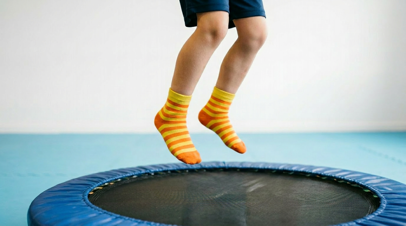 Child wearing striped yellow and orange socks bouncing on a small trampoline indoor.