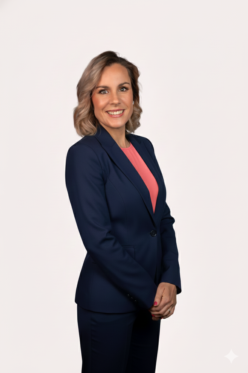 Femme en costume bleu foncé avec chemise rose pâle, sourire, fond blanc