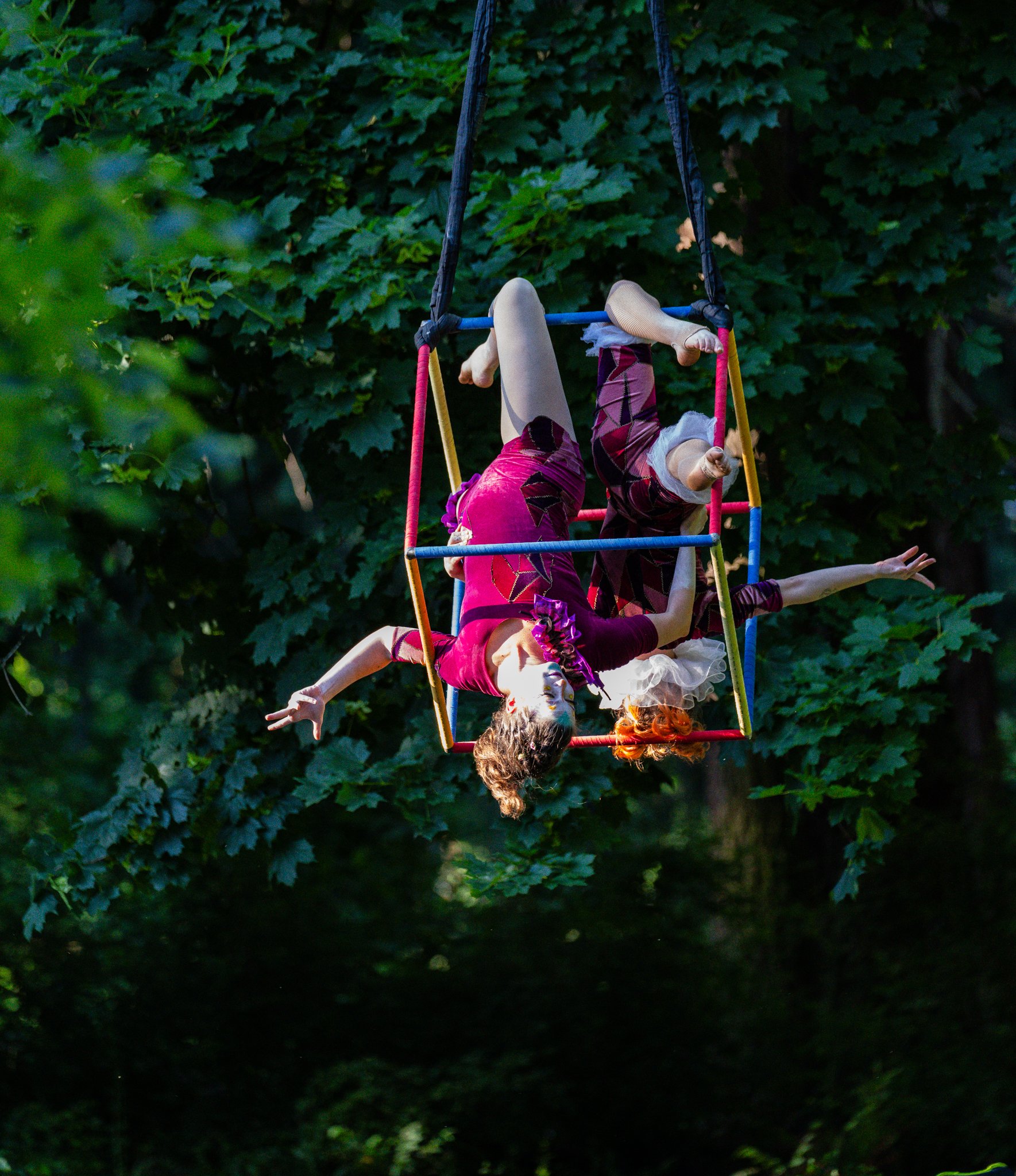Single knee hang in aerial cube duet.