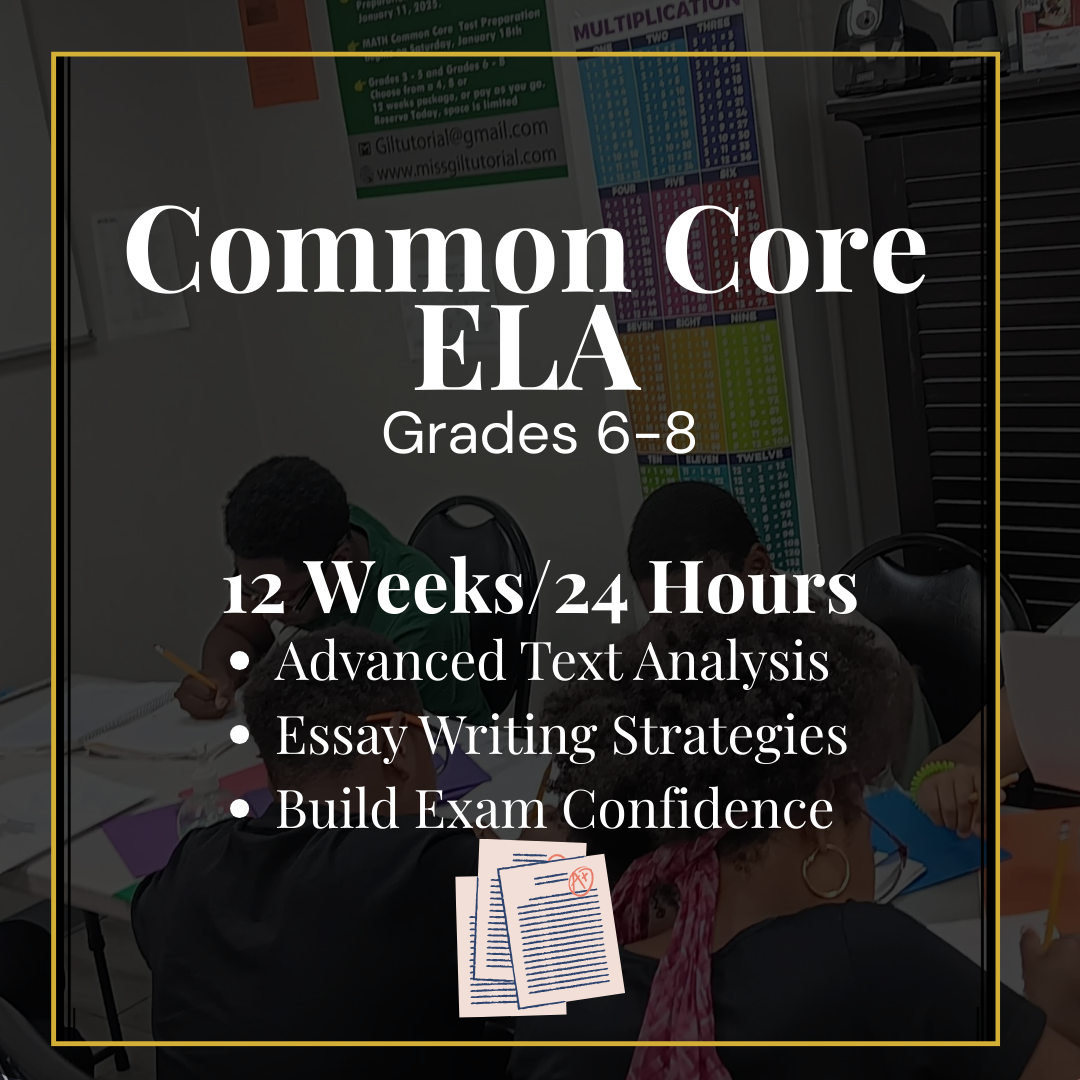 Poster advertising a common core ELA program for grades 6-8, offering a 12-week, 24-hour course focusing on advanced text analysis, essay writing strategies, and exam confidence. The background shows students working at tables in a classroom.