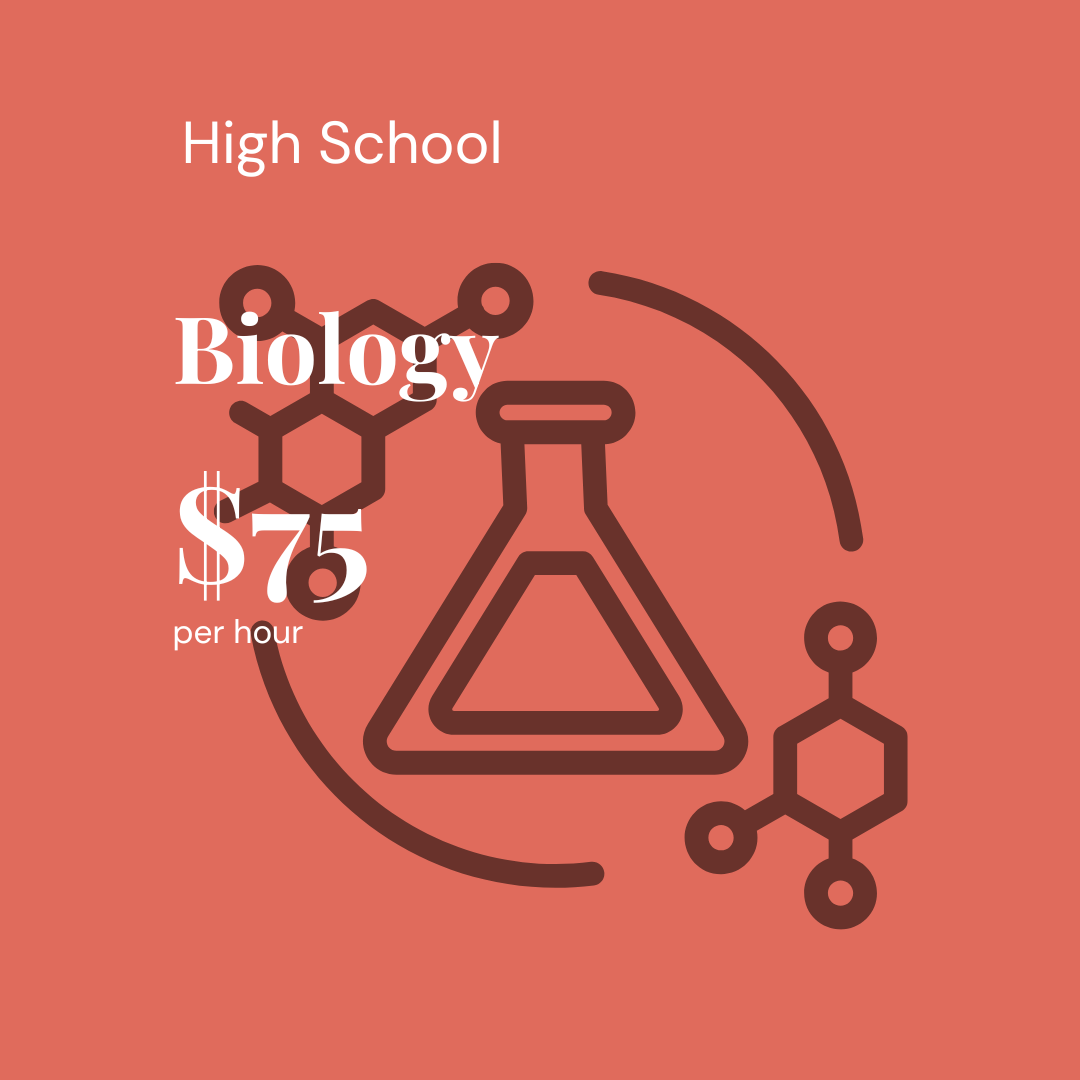 Graphic promoting a high school biology course with a chemical flask, molecular structures, and text indicating $75 per hour.