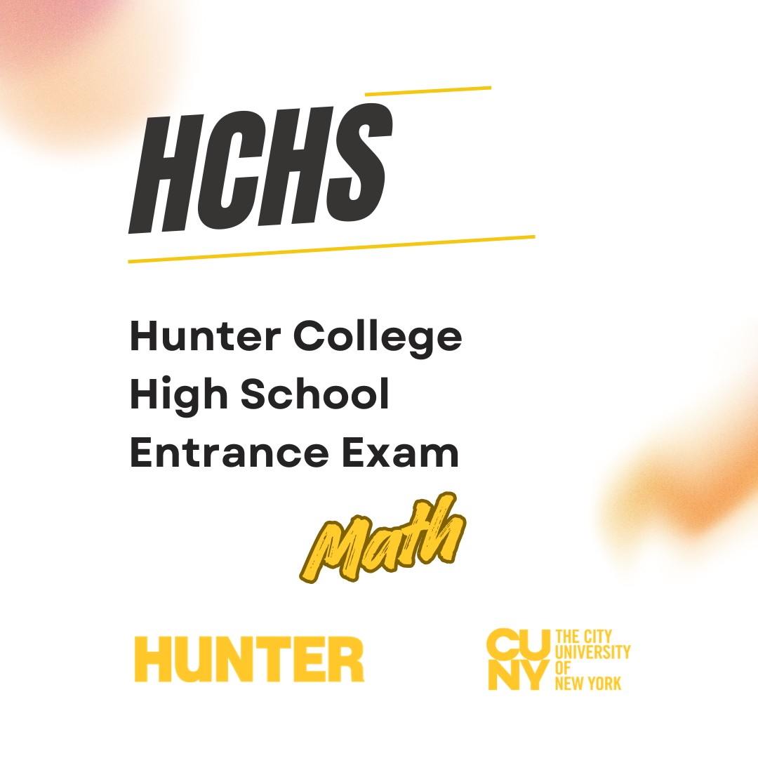 Product cover for Hunter College High School entrance exam in math, with the college logo and colorful background.