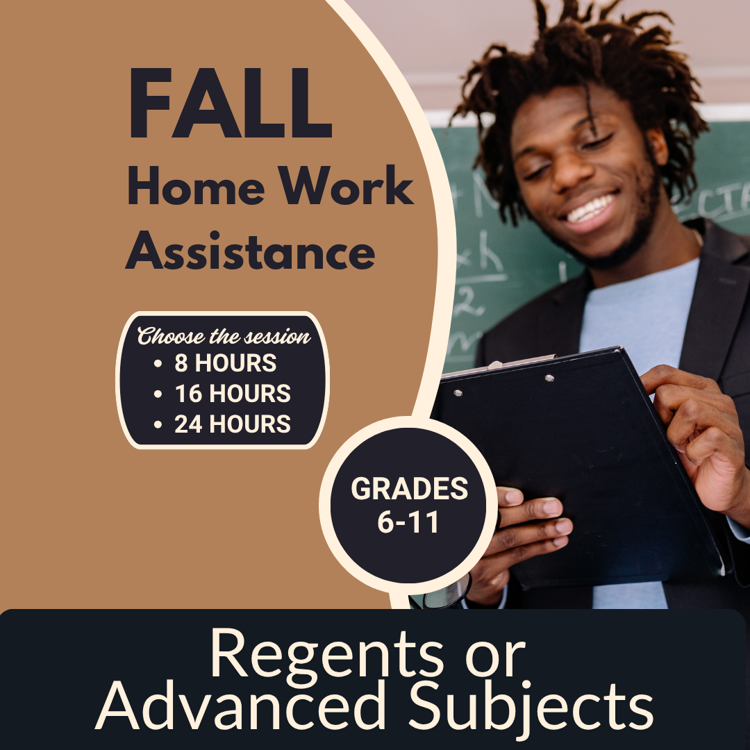 Poster advertising fall home work assistance for grades 6-11, with options for 8, 16, or 24-hour sessions, featuring a smiling man holding a tablet in classroom setting.