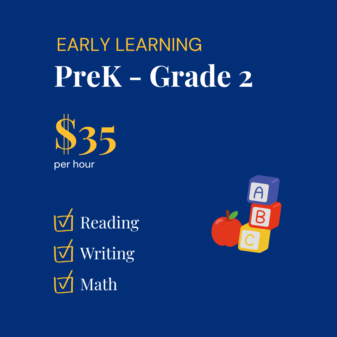 A blue background sign advertising early learning preschool classes for PreK to Grade 2 at $35 per hour, including subjects like reading, writing, and math, with illustrations of blocks, an apple, and check marks.