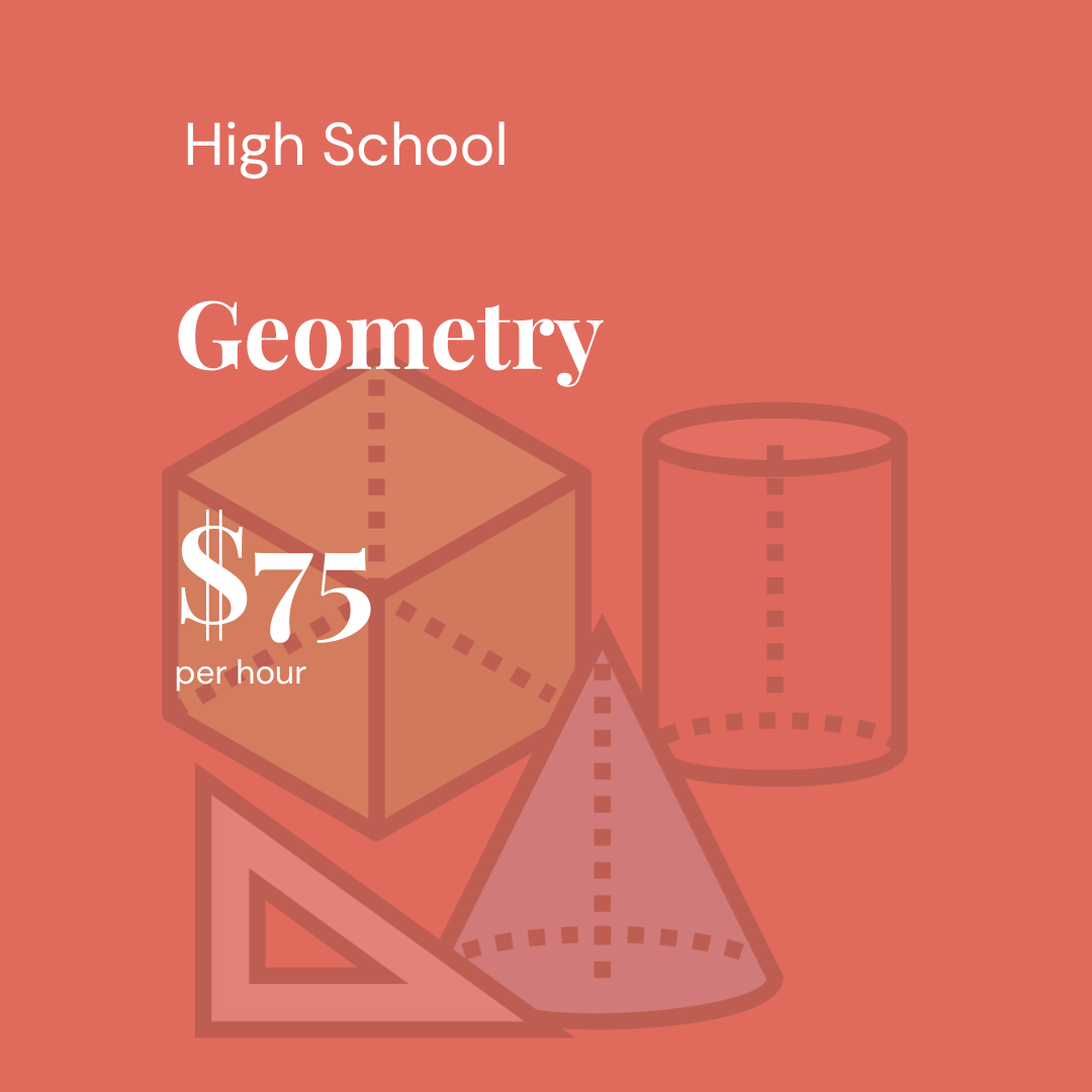 A promotional image for a high school geometry class, showing geometric shapes like a cube, cylinder, cone, and triangle, with text indicating the class costs $75 per hour.
