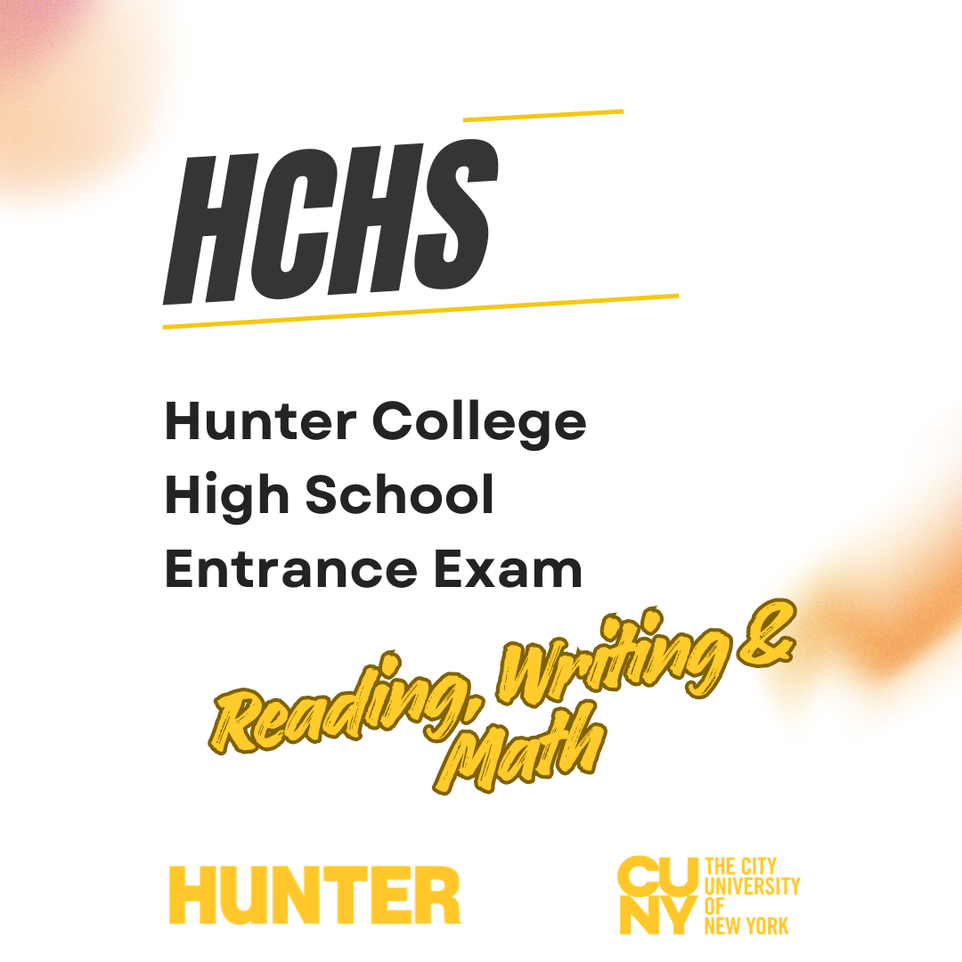 Product cover for Hunter College High School Entrance Exam, featuring bold black text, yellow handwritten-style text for subjects, and the Hunter College and City University of New York logos.