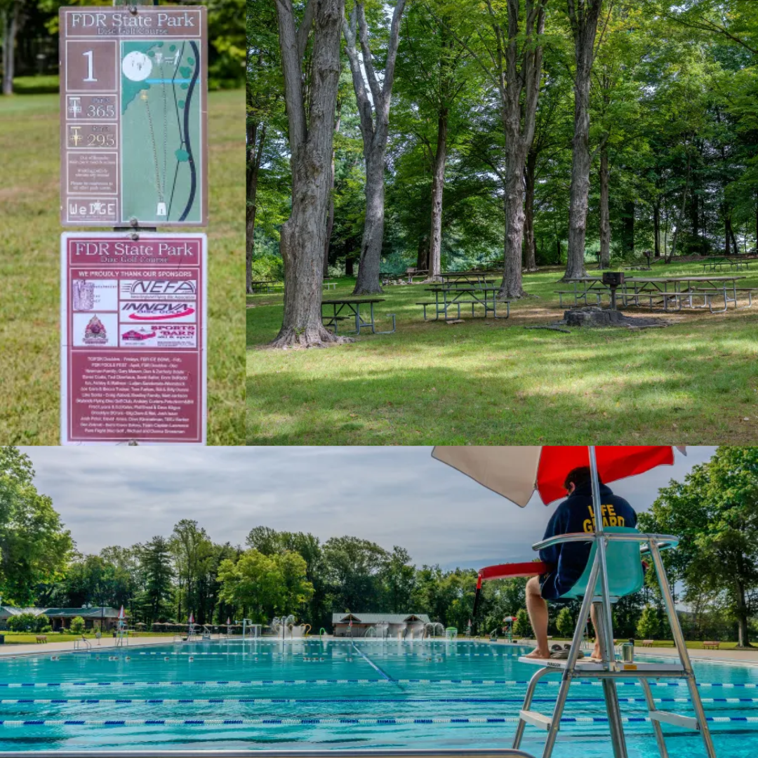 A signboard at FDR State Park showing a map and park rules, a picnic area with trees and empty picnic tables, and a swimming pool with a lifeguard sitting on a chair under a red umbrella.