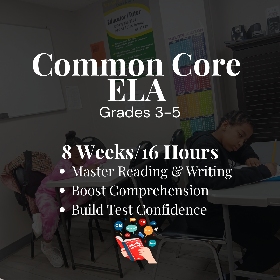 Product cover for Common Core ELA class - grades 3-5. The class lasts 8 weeks or 16 hours and focuses on mastering reading and writing, boosting comprehension, and building test confidence.