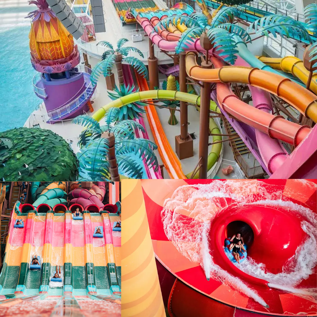 Collage of three water slides at a water park with colorful tropical theme, featuring two long slides and a large funnel slide with people enjoying rides.