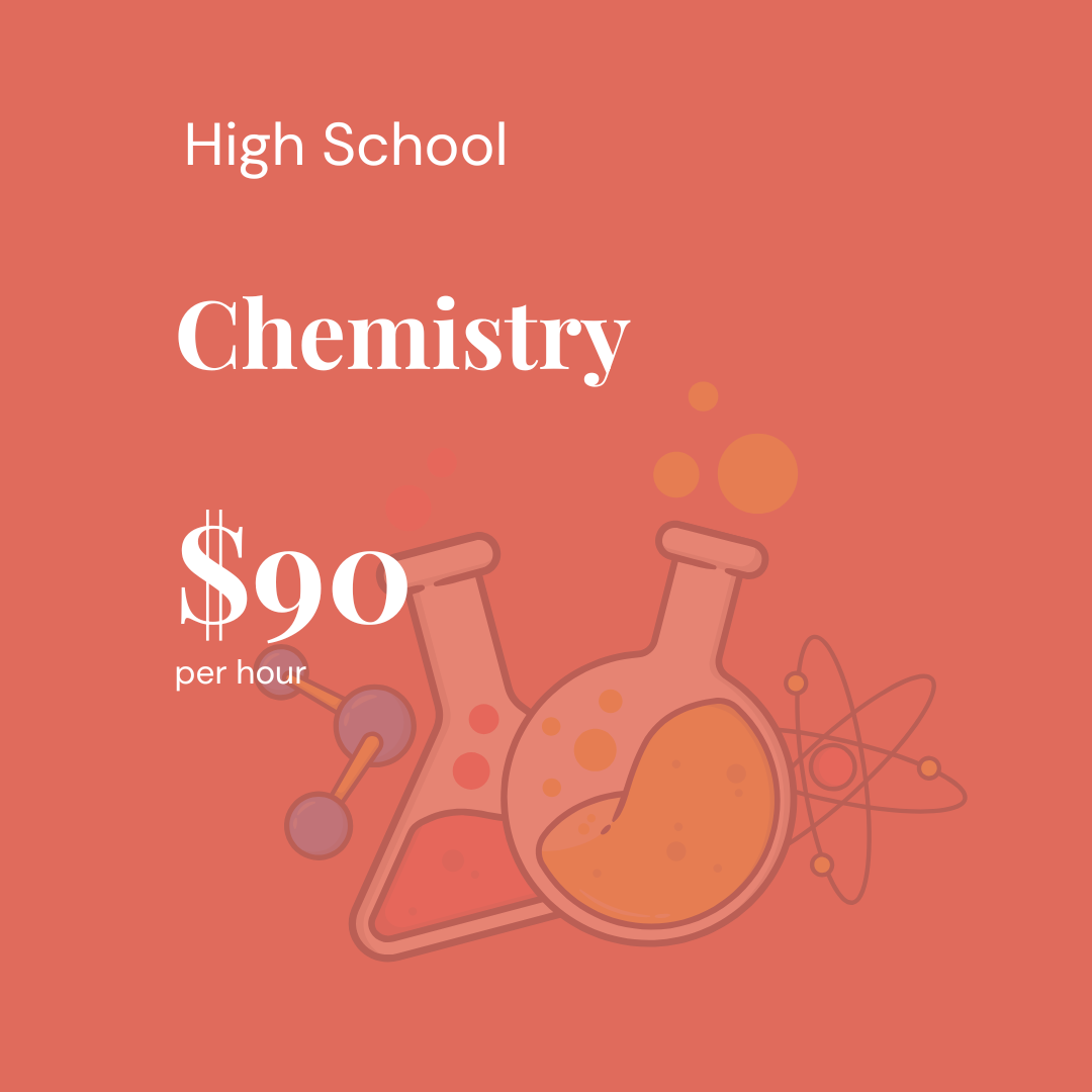 High school chemistry class advertisement with a pink background, featuring an illustration of laboratory glassware and an atom model, priced at $90 per hour.