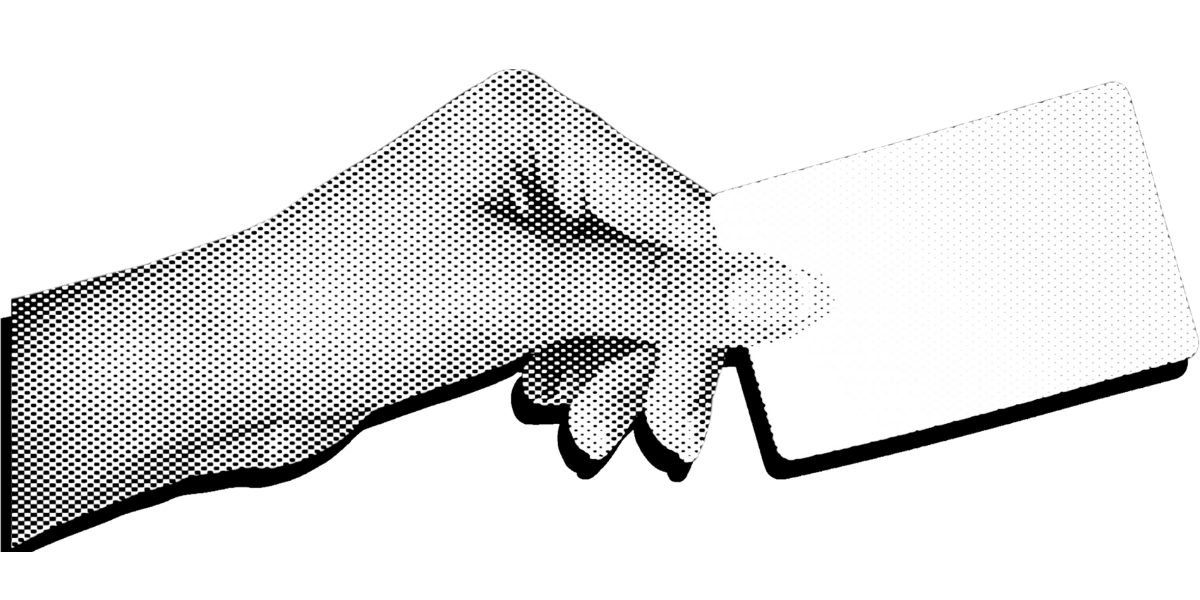 A pixelated, black-and-white image of a feminine hand holding a business card