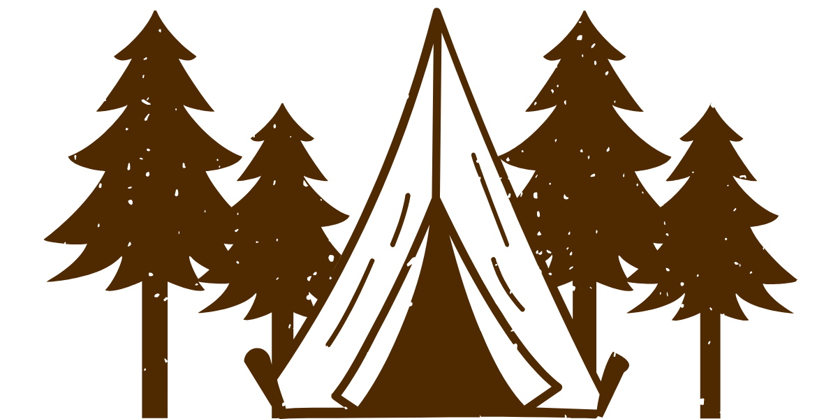 A dark-brown stencil graphic of a tent flanked by four pine trees