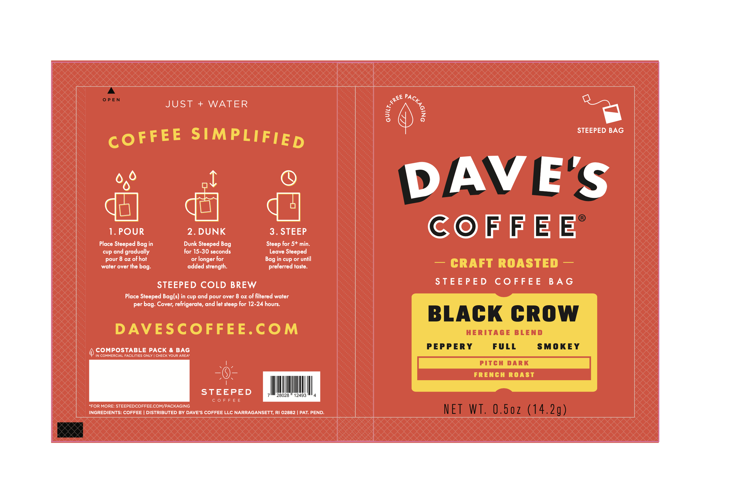 Red coffee packaging for Dave's Coffee, craft roasted, labeled Black Crow Heritage Blend with flavor options peppery, full, smoky, pitch dark, and French roast. Instructions for making steeped cold brew coffee, a barcode, website URL, and a compostable bag icon.