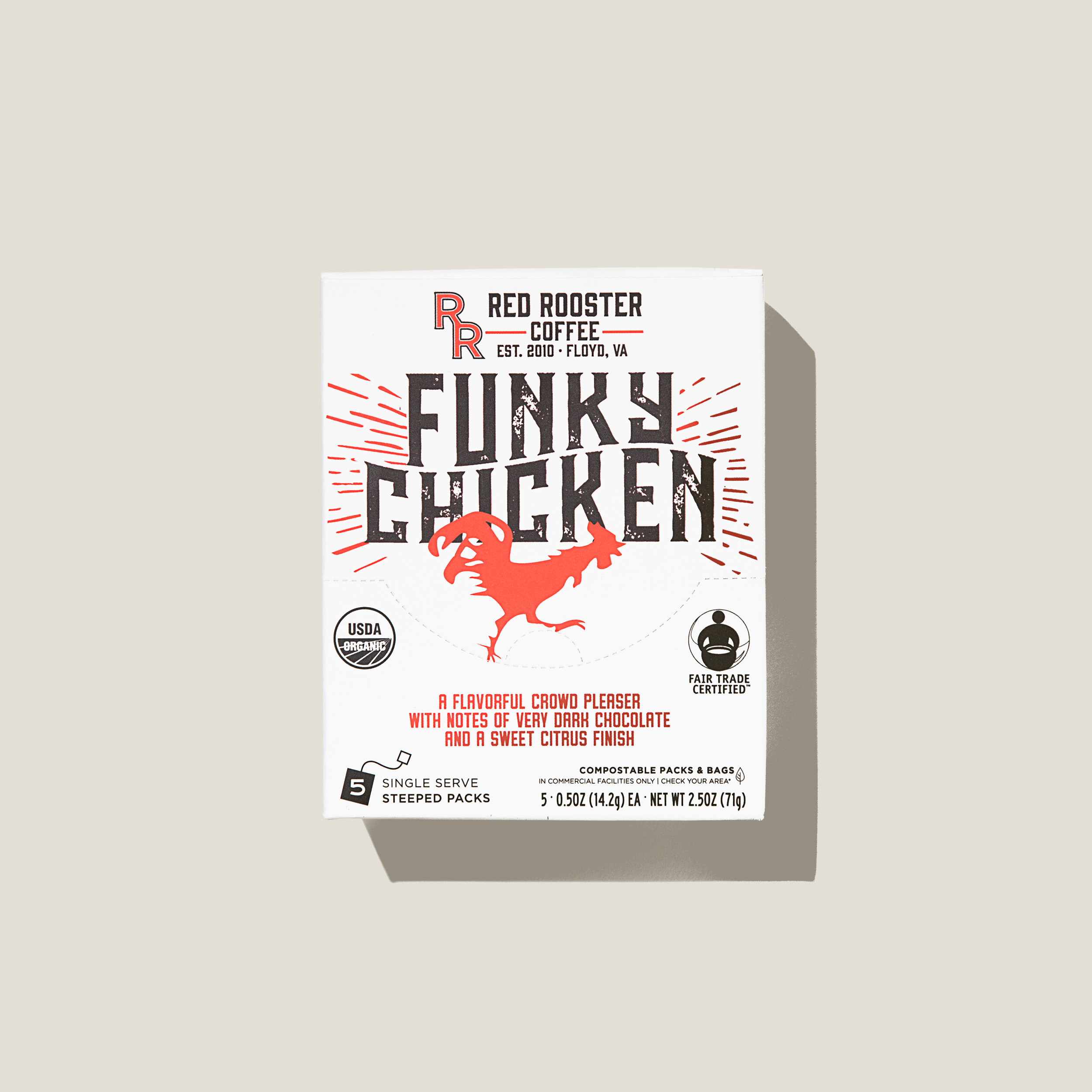 A box of Red Rooster Coffee Funky Chicken single serve steeped packs, decorated with a red rooster logo and black text, with details about flavor and certifications.